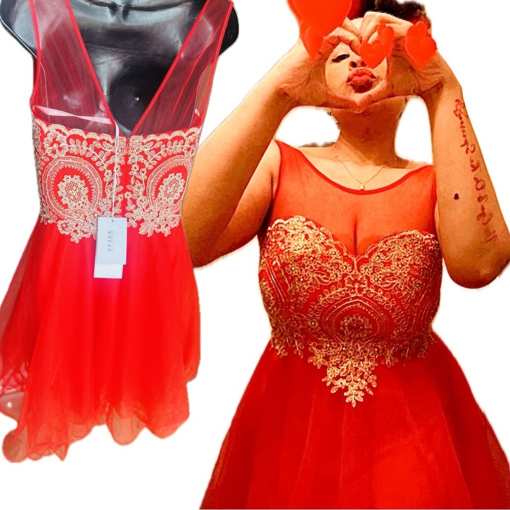 Stunning Red and Gold Applique Homecoming / Prom Dress Size Large